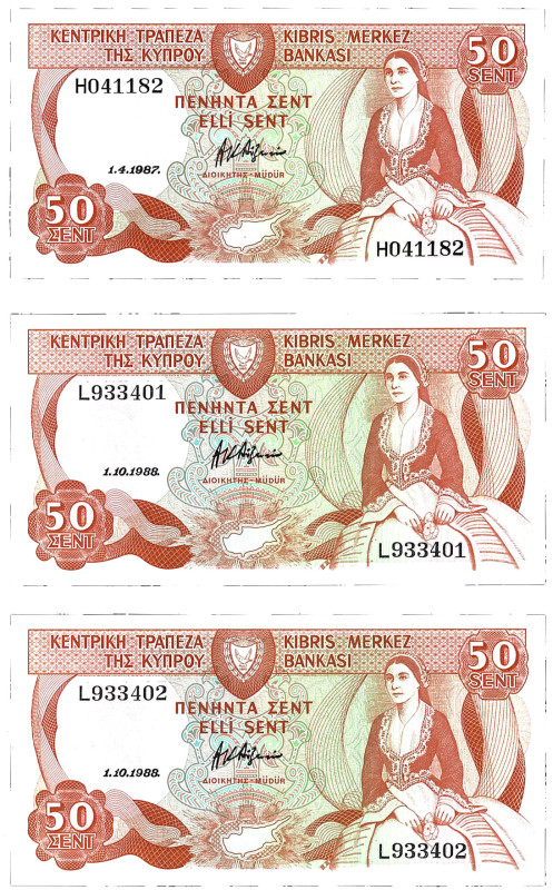 Cyprus, Central Bank of Cyprus, 50 Cents, 1 April 1987, serial number H041182; 5...