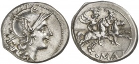 (200-190 a.C.). Anónima. Sur de Italia. Denario. (Craw. 44/5) (FFC. 7, mismo ejemplar). 4,42 g. EBC-.