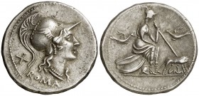 (115-114 a.C.). Anónima. Italia central. Denario. (Craw. 287/1) (FFC. 84). 3,80 g. Variante de estilo. EBC-.