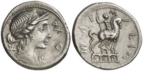 (114-113 a.C.). Gens Aemilia. Sur de Italia. Denario. (Craw. 291/1) (FFC. 103, mismo ejemplar). 3,77 g. Ligeramente limpiada. EBC-.