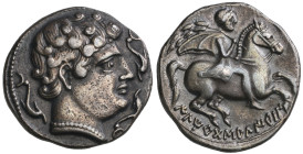 ‡ Hispania, Iltirta (Ilerda), denarius, 2nd century BC, male head right wearing necklace, three dolphins around, rev., Iberian inscription ILTIRTASALI...