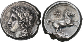 ‡ Italy, Romano-Campanian, uncertain mint, didrachm, c. 276-270 BC, [RO]MANO, laureate head of Apollo left, rev., horse prancing right; above, star of...