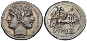 ‡ Italy, Rome, Republic, didrachm (quadrigatus), c. 225-212 BC, laureate janiform head of the Dioscuri, rev., Jupiter hurling thunderbolt in fast quad...
