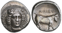 ‡ Italy, Campania, Hyria, didrachm, c. 395-385 BC, head of Hera Lakinia facing three-quarters right wearing stephane decorated with anthemion flanked ...