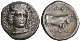 ‡ Italy, Campania, Hyria, didrachm, c. 395-385 BC, head of Hera Lakinia facing three-quarters right wearing stephane decorated with anthemion flanked ...