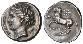 ‡ Italy, Apulia, Arpi, stater, c. 325-275 BC, ΑΡΠΑΝΩΝ, head of Persephone wearing barley wreath left; behind, ear of grain, rev., ΔΑΞΟΥ, horse rearing...