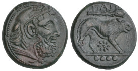 ‡ Italy, Apulia, Teate, Ae triens, c. 225-200 BC, head of Herakles wearing lion-skin headdress right, rev., ΤΙΑΤΙ, lion standing right, club above; be...