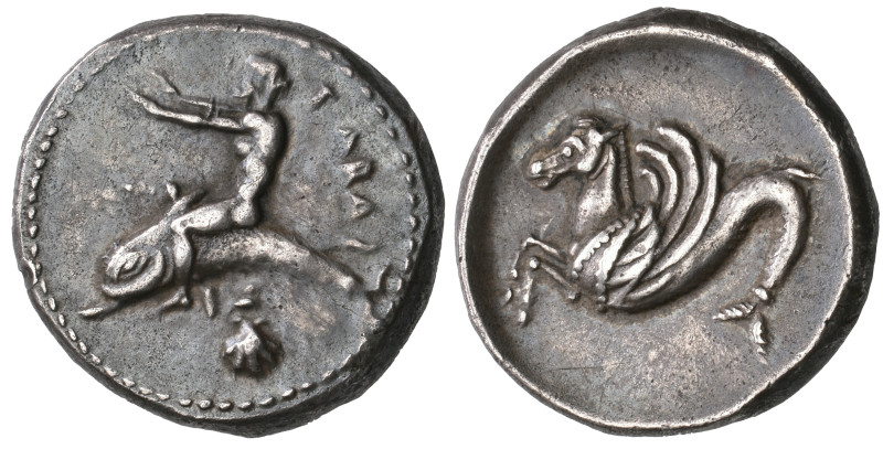 ‡ Italy, Calabria, Tarentum, didrachm, c. 510-450 BC, ΤΑΡΑΣ, Phalanthos riding d...