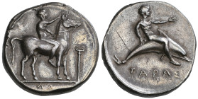 ‡ Italy, Calabria, Tarentum, didrachm, c. 415-390 BC, ephebos seated on horse standing right, placing wreath on horse’s head; to right, caduceus; in e...