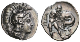 ‡ Italy, Calabria, Tarentum, diobol, c. 380-325 BC, head of Athena right wearing helmet decorated with hippocamp, rev., Herakles wrestling Nemean lion...