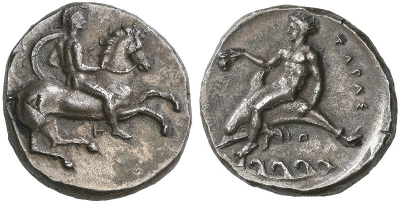 ‡ Italy, Calabria, Tarentum, didrachm, c. 344-340 BC, helmeted ephebe holding sh...