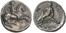 ‡ Italy, Calabria, Tarentum, didrachm, c. 344-340 BC, helmeted ephebe holding shield and lance on horse galloping right; below, T, rev., ΤΑΡΑΣ, Phalan...