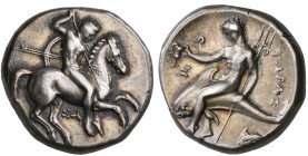 ‡ Italy, Calabria, Tarentum, didrachm, c. 325-281 BC, nude warrior on galloping horse right, holding shield and two spears, lancing downward; below, Σ...