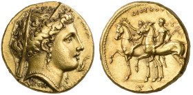 ‡ Italy, Calabria, Tarentum, gold stater, c. 302 BC, ΤΑΡΑ, veiled female head right, wearing a necklace, triple-drop earring, and stephane decorated w...