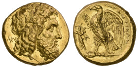 ‡ Italy, Calabria, Tarentum, gold stater, c. 276-272 BC, laureate head of Zeus right; behind, monogram ΝΚ, rev., ΤΑΡΑΝΤΙΝΩΝ, eagle with spread wings s...