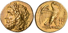 ‡ Italy, Calabria, Tarentum, gold stater, c. 276-272 BC, laureate head of Zeus left; behind, monogram ΝΚ, rev., ΤΑΡΑΝΤΙΝΩΝ, eagle with spread wings st...