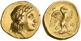 ‡ Italy, Calabria, Tarentum, gold quarter stater, c. 276-272 BC, laureate head of Apollo right, rev., eagle with spread wings standing right on thunde...