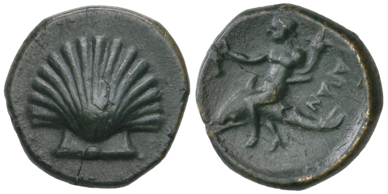 ‡ Italy, Calabria, Tarentum, Ae 14mm, c. 240 BC, scallop shell, rev., ΤΑΡΑΝ, Pha...