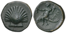 ‡ Italy, Calabria, Tarentum, Ae 14mm, c. 240 BC, scallop shell, rev., ΤΑΡΑΝ, Phalanthos riding dolphin left holding cornucopia and kantharos, 2.33g, d...