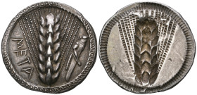 ‡ Italy, Lucania, Metapontum, stater, c. 540-500 BC, ΜΕΤΑ, ear of barley; in field right, grasshopper, rev., ear of barley incuse, 8.06g, die axis 12....