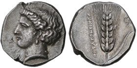 ‡ Italy, Lucania, Metapontum, stater, c. 350-330 BC, female head left with hair drawn up and wearing pendant earring, rev., ΜΕΤΑΠΟΝΤΙΝΩΝ, ear of barle...