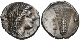 ‡ Italy, Lucania, Metapontum, stater, c. 290-280 BC, head of Demeter right wearing grain wreath, necklace and earring, rev., ΜΕΤΑ, ear of barley with ...