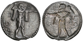 ‡ Italy, Lucania, Poseidonia, drachm, c. 530-500 BC, ΠΟΣ, bearded Poseidon naked with chlamys draped over shoulders striding right and hurling trident...