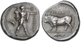 ‡ Italy, Lucania, Poseidonia, stater, c. 410-350 BC, ΠΟΣΕΙΔΑΝ, Poseidon, naked but for chlamys over both shoulders striding right hurling trident; in ...