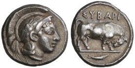 ‡ Italy, Lucania, Sybaris, drachm, c. 443-425 BC, head of Athena right wearing wreathed and crested Attic helmet, rev., ΣΥΒΑΡΙ, bull butting right; in...