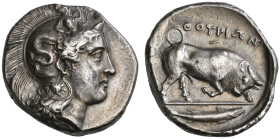 ‡ Italy, Lucania, Thurium, distater, c. 400 BC, head of Athena right wearing crested Attic helmet adorned with Scylla, rev., ΘΟΥΡΙΩΝ, bull charging ri...