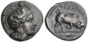 ‡ Italy, Lucania, Thurium, stater, c. 400-350 BC, head of Athena right wearing crested Attic helmet decorated with Scylla, rev., ΘΟΥΡΙΩΝ, bull chargin...