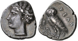 ‡ Italy, Lucania, Velia, drachm, c. 440-425 BC, head of nymph left with her hair drawn up, rev., ΥΕΛΗ, owl standing left on olive branch with head fac...