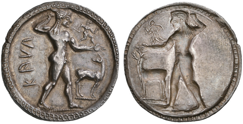 ‡ Italy, Bruttium, Kaulonia, stater, c. 525-500 BC, ΚΑΥΛ, Apollo, naked, standin...