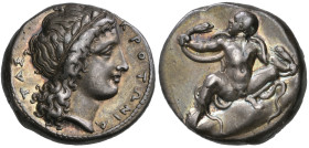 ‡ Italy, Bruttium, Croton, stater, c. 350-325 BC, ΚΡΟΤΩΝΙΑ-ΤΑΣ, laureate head of Apollo right, rev., infant Herakles seated facing on rocks with head ...