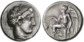 ‡ Italy, Bruttium, Terina, stater, c. 420-400 BC, ΤΕΡΙΝΑΙΟΝ, head of nymph Terina right, her hair in a sphendone, rev., Nike wearing chiton and himati...