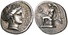 ‡ Italy, Bruttium, Terina, stater, c. 400-356 BC, ΤΕΡΙΝΑΙΟΝ, head of nymph Terina right, her hair bound up, wearing triple-drop earring and necklace, ...