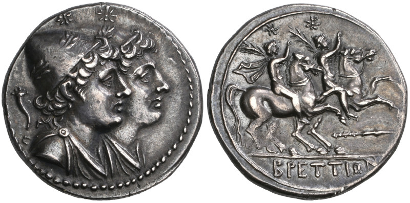 ‡ Italy, Bruttium, The Brettii, quadrigatus, c. 215-205 BC, jugate heads of the ...