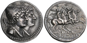 ‡ Italy, Bruttium, The Brettii, quadrigatus, c. 215-205 BC, jugate heads of the Dioscuri right wearing laureate pilei; above, two stars; to left, corn...