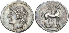 ‡ Italy, Bruttium, Carthaginian occupation, half shekel, c. 215-205 BC, head of Tanit left wearing wreath of corn, earring and necklace, rev., horse s...