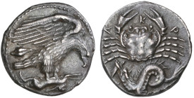 ‡ Sicily, Akragas, hemidrachm, c. 420-410 BC, eagle with spread wings standing right on dead hare held in talons; behind, ear of corn, rev., Α-Κ-Ρ, cr...
