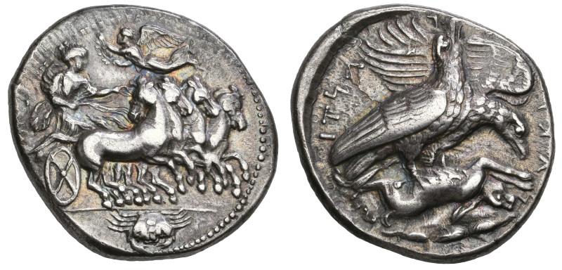 ‡ Sicily, Akragas, tetradrachm c. 410-406 BC, fast quadriga right, charioteer cr...