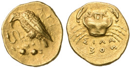 ‡ Sicily, Akragas, gold tetradrachm, c. 410-406 BC, ΑΚΡΑ, eagle with closed wings left on rock, about to tear at a serpent; on the rock, two pellets (...