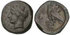 ‡ Sicily, Akragas, bronze hemilitron, c. 400-380 BC, ΑΚΡΑΓΑΣ, diademed and horned head of river-god Akragas left, rev., eagle standing left with head ...
