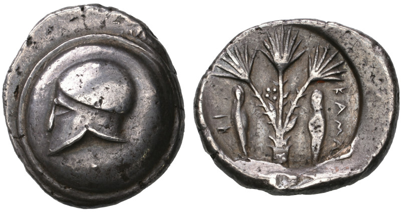 ‡ Sicily, Kamarina, didrachm, c. 492-485 BC, Corinthian helmet left on circular ...