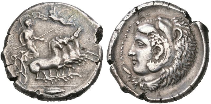 ‡ Sicily, Kamarina, tetradrachm, c. 410 BC, fast quadriga right driven by Athena...