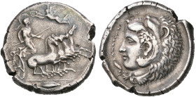 ‡ Sicily, Kamarina, tetradrachm, c. 410 BC, fast quadriga right driven by Athena wearing crested helmet; above, Nike flying left to crown her with wre...