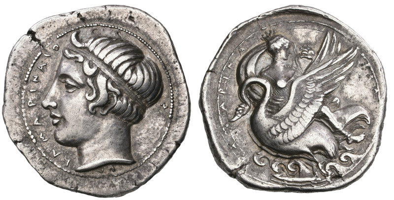 ‡ Sicily, Kamarina, didrachm, c. 410 BC, signed by HYL…, ΚΑΜΑΡΙΝΑΙΟ-Ν, diademed ...