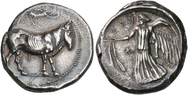 ‡ Sicily, Katana, tetradrachm, c. 465-460 BC, man-headed bull (river-god Amenano...