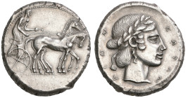 ‡ Sicily, Katana, tetradrachm, c. 450 BC, charioteer in slow quadriga right holding reins and goad, rev., ΚΑΤΑΝ-ΑΙΟΝ, laureate head of Apollo right wi...