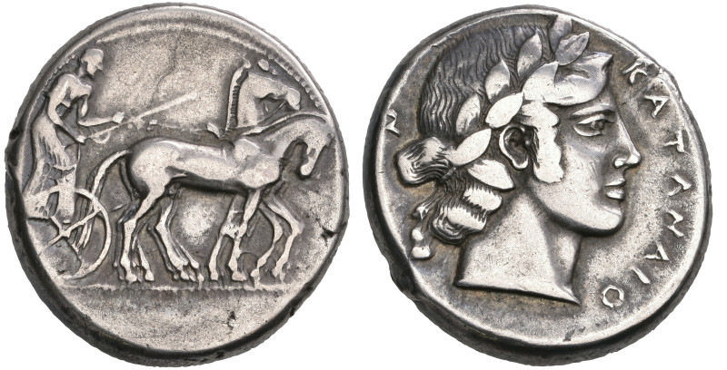 ‡ Sicily, Katana, tetradrachm, c. 450-440 BC, charioteer in slow quadriga right,...